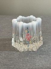 Vintage 2” Fenton Opalescent White Clear Hand Painted Toothpick Holder EUC USA picture