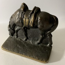 Vintage Cast Iron Horse Bookend Heavy Grazing Saddled Western Bronzed Antique picture