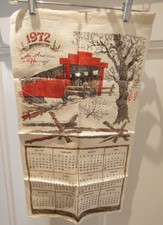 Vtg Cloth Linen 1972 Calendar Tea Towel Red Covered Bridge Americana picture