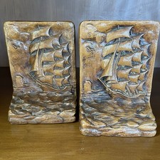 Vtg Black Syroco Wood Sailing Clipper Ship Bookends 3D Nautical Home Decor MCM picture