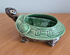 Vtg MCM Large Green/Brown Ceramic Glazed Mother & Baby Turtle Shaped Planter Pot picture