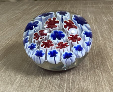 Murano Italian Art Glass Millefiori Paperweight Red White Cobalt Blue Flat Base picture