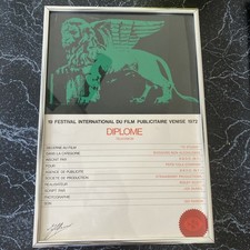 1972 Venice Film Adventures Festival Diploma Pepsi BBDO Ridley Scott Vintage picture
