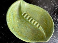 Vintage MCM Ceramic Ashtray Leaf Shape Green Speckled Pattern About 10” Long picture