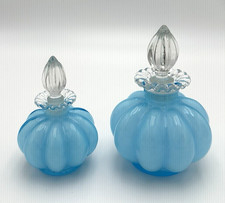 Pair Vintage Fenton Blue Melon Overlay Art Glass Powder Blue Perfume Bottle picture