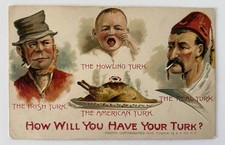 1906 Thanksgiving Humor Postcard “How Will You Have Your Turk?” Embossed picture
