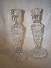 Candlestick Holders Crystal Glass Etched  Elegant Pair 8