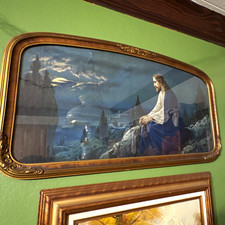 Large Christianity Framed Jesus Praying at Night Print in Ornate Gold-Tone Frame picture