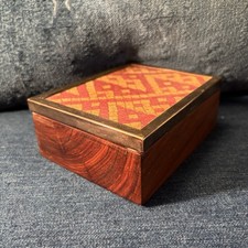 Peruvian Wood Box Trinket Jewelry Sterling Rim Chancay Textile Glass Top VTG picture