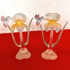 2 - Blown Glass Frosted Iris Flower & Hummingbird Figurines 4” tall Pair picture