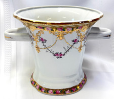 Vtg NIPPON Porcelain Double Handled Vase Floral Roses Gold Accents 6 3/4