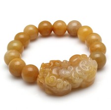 Antique Yellow Dragon Jade Pixiu Bracelet Round Bead Men Women's Retro Bracelet picture