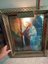 Vintage Metal Filigree 21x17 Lighted Frame of Jesus Knocking at the Door picture