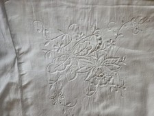 Vintage Embroidered White Cotton Pillow Shams Pair Handstitched Standard/Queen picture