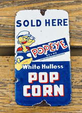 VINTAGE POPEYE White Hulless POPCORN SOLD HERE GAS OIL PUMP PORCELAIN AD SIGN picture
