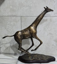 Vintage Korean Brass Giraffe Sculpture Running Figurine Wood Base MCM Decor picture