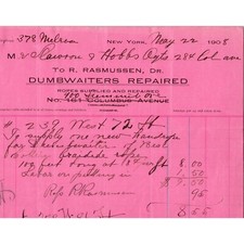 1908 Antique Billhead - R. RASMUSSEN - Dumbwaiter Repair - New York picture