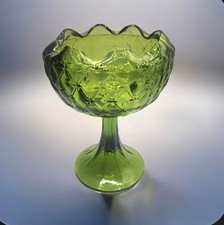 Vtg Indiana Glass Green Pedestal Candy Dish Diamond  Quilt Pattern Scalloped Rim picture
