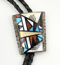 Vtg Richard Curley RCC Sterling Silver Southwestern Inlay Bolo Tie Multi Stone picture