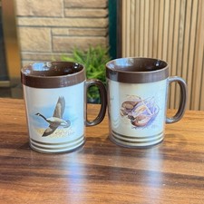 Thermo-Serv Plastic Mugs Set 2 Vtg 1979 Goose Pheasant Brown MCM picture