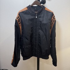 Vintage Harley-Davidson Black And Orange Nylon Bomber Racing Jacket Mens Large picture