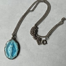 Vintage Sterling Silver  Blue Enamel Religious Medal Virgin Mary Pendant & Chain picture