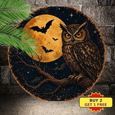 Spooky Owl Halloween Sign Retro Full Moon Bat Gothic Round Metal Plaque 8x8 picture