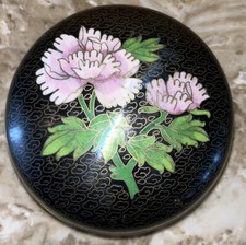 Vintage Chinese Cloisonne Round Trinket Box Flowers Brass & Black Enamel picture