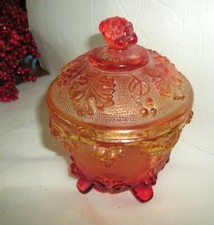 VINTAGE AMBERINA GLASS CANDY DISH, LIDDED, FOOTED ,GRAPE & LEAF DESIGN picture