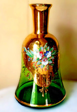 Bohemian Art Glass Green Hand Painted Enamel Flowers Gilded Vase 7