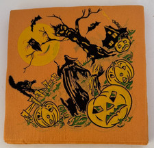 27 Vintage 50’s Halloween Crepe Paper Napkin -Reaper-Bats-Jack O Lanterns-Cat picture