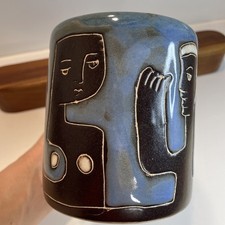 Design by Mara Mexico Faces People Coffee Mug Signed Heavy Stoneware 16 oz EUC picture