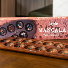 Deluxe Mancala Set: Real Wood Hinged Board with 48 Natural Multicolor Stones ... picture