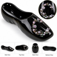 Vintage Black Ceramic Shoe Planter Vase Floral Design 8” Decorative Collectible picture