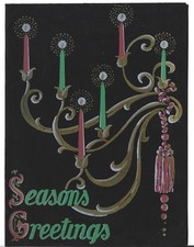 VTG CHRISTMAS CARD 5.25X7 BLACK SEASON'S GREETINGS RED & GREEN CANDLES TASSLE picture