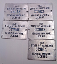 Lot of 5 HTF Antique 1964 Maryland Vending Machine Metal License Plate Tags picture