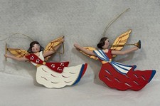 2 VTG Hand-Painted Wood Angel Musicians Christmas Ornaments Red White Blue Gold picture