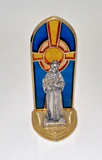 Vintage Saint Francisco Mini Statue On Wood With Colorful Stained Glass Italy picture
