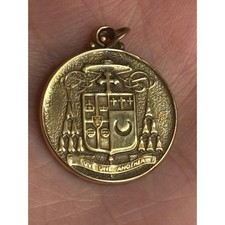Vintage Love One Another Religious Medal Pendant Coat of Arms Gold Tone Charm picture