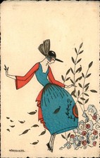 Beautiful Woman Art Deco Flowers & Leaves Temeunier Vintage Postcard picture