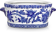 Blue and White Ceramic Planter Pot – Vintage Floral Oval Cachepot Vase for Indoo picture