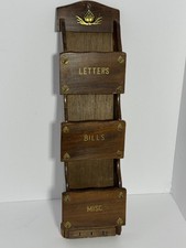 Vtg Brass Accented Wood Wall Hanging Letter Bills Misc Organizer 1970s Kitchen picture