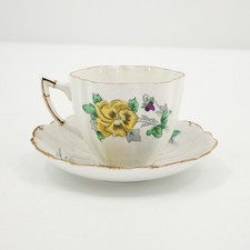 Vintage Victoria Bone China England Hand Painted Pansy Teacup Saucer Purple Gold picture