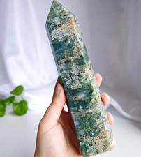 Genuine Moss Agate Obelisk Tower Reiki Chakra Balancing Crystal Specimen Decor picture
