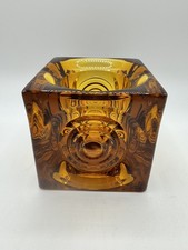 Mid Century Modern Amber Glass Bullseye Candle Holder 2 3/4” Cube picture