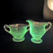 Cambridge Glass GADROON Sugar Creamer Set Silver Green UV Glow Manganese 365nm picture