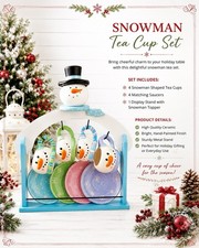 Snowman Ceramic Mug & Saucer Set W/ Wooden Snowman Stand 4 Cups 4 Plates Vintage picture