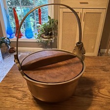 Antique Copper Japanese Inaka Pot with Wooden Lid and Swing Handle picture