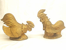 Pair Vintage Gold Ceramic Fighting Roosters Gamecock Figurines Chicken Decor picture