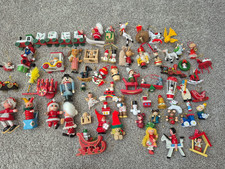 Lot Vintage Wooden Mini Christmas Angel Santa Snowman Train Ornaments 65 Pieces picture